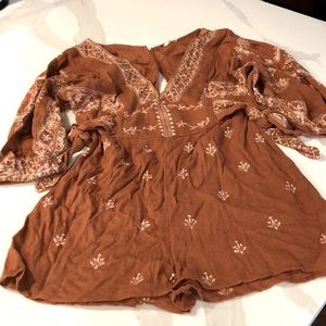 Free People Romper - rust, peach, white, embroidered, low cut v-neck